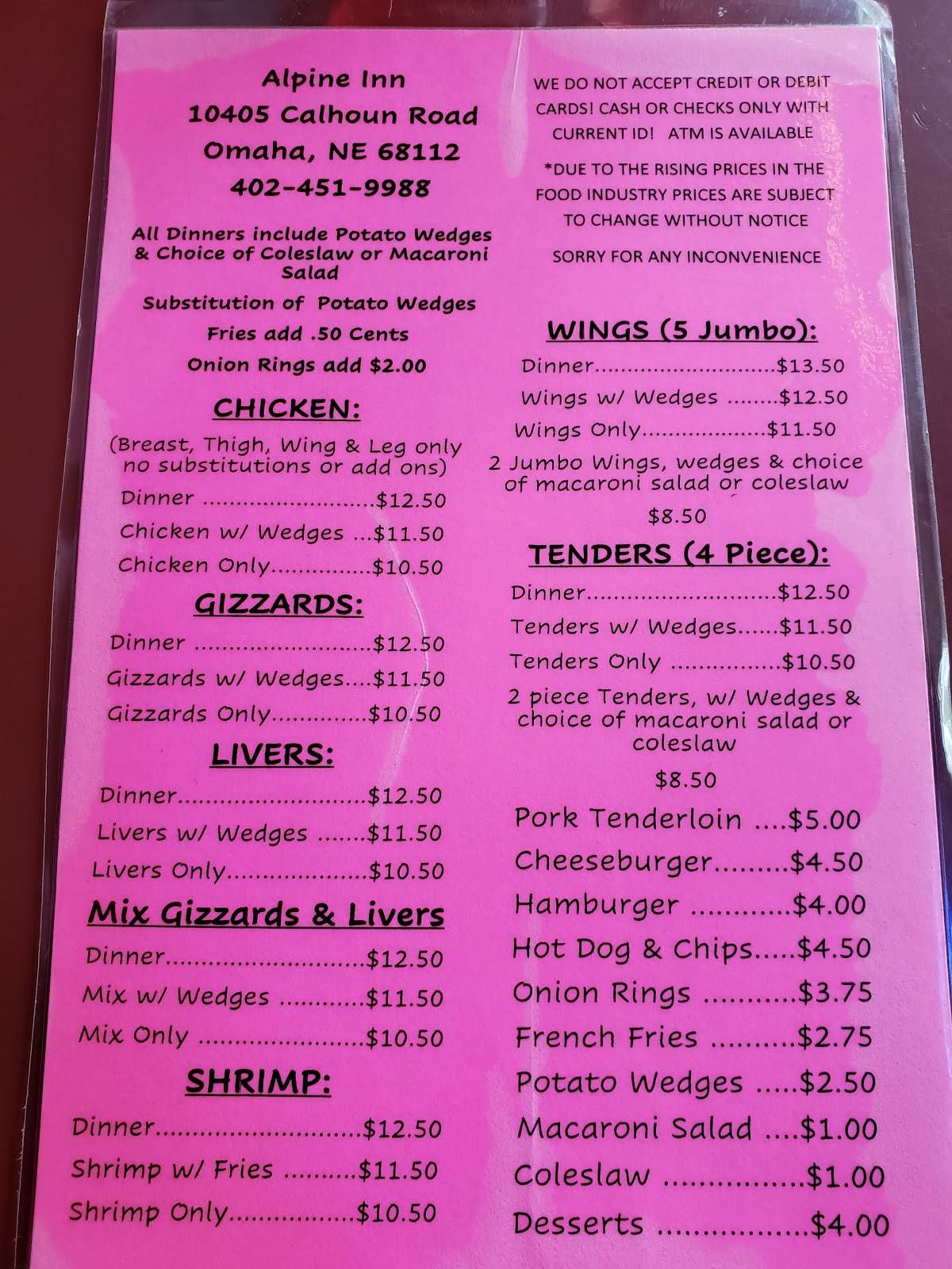 Menu at Alpine Inn pub & bar, Omaha