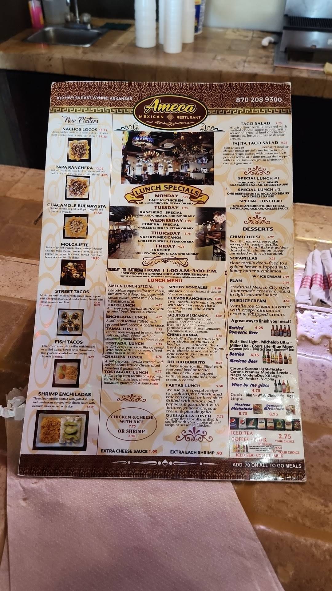 Menu at Ameca restaurant, Wynne