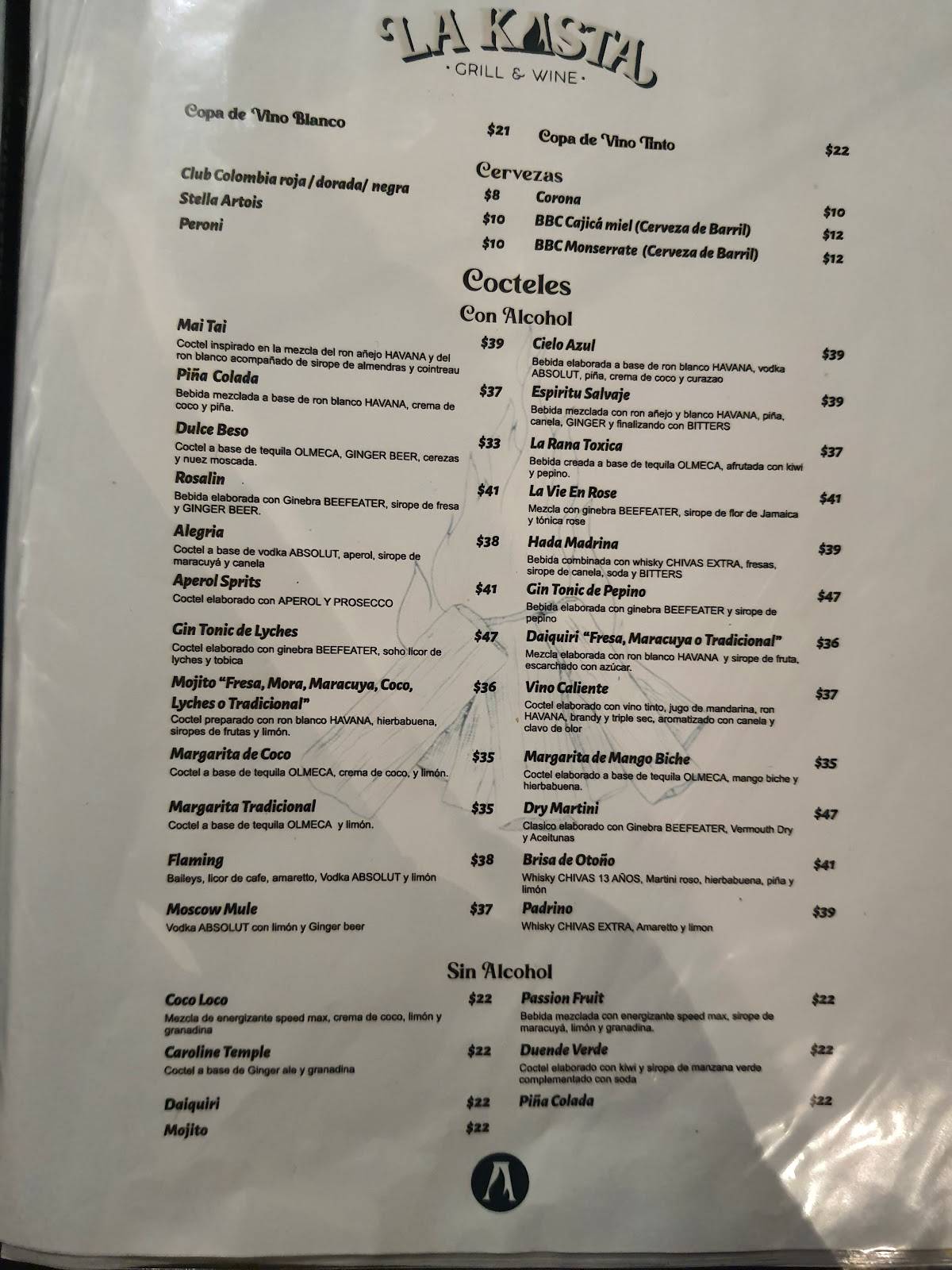 Carta del restaurante La Kasta Parkway, Bogotá