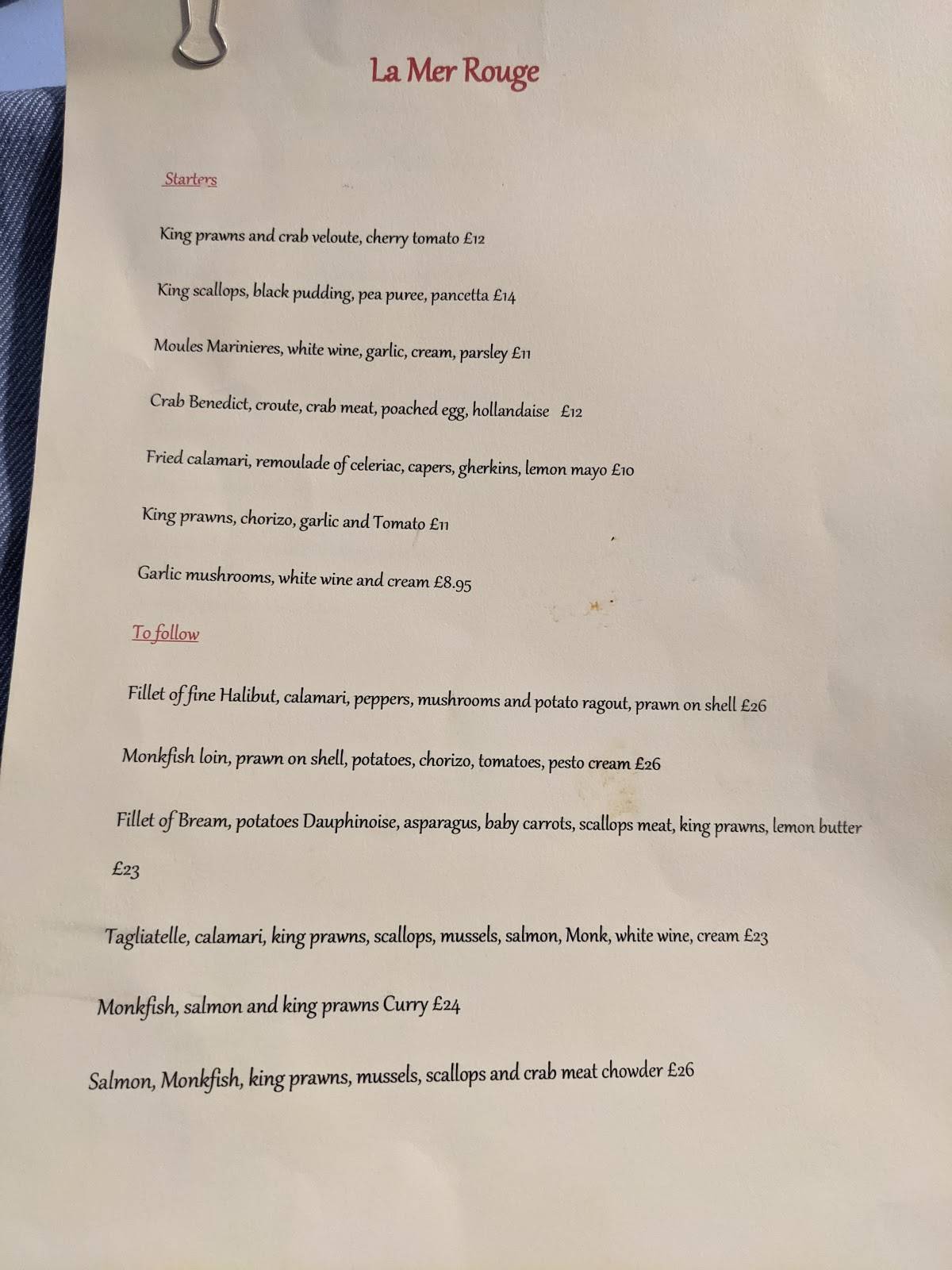 Menu at La Mer Rouge restaurant, Shrewsbury