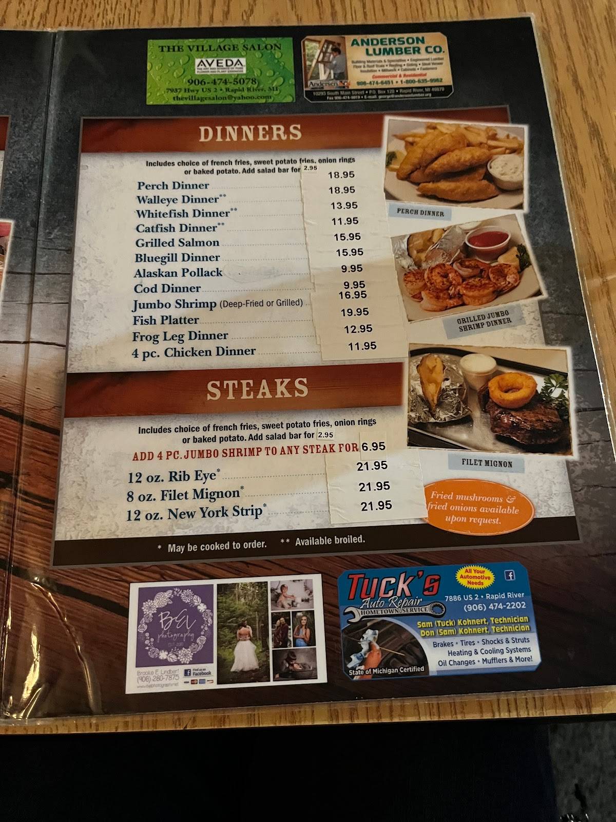 Menu at Swallow Inn restaurant, Rapid River