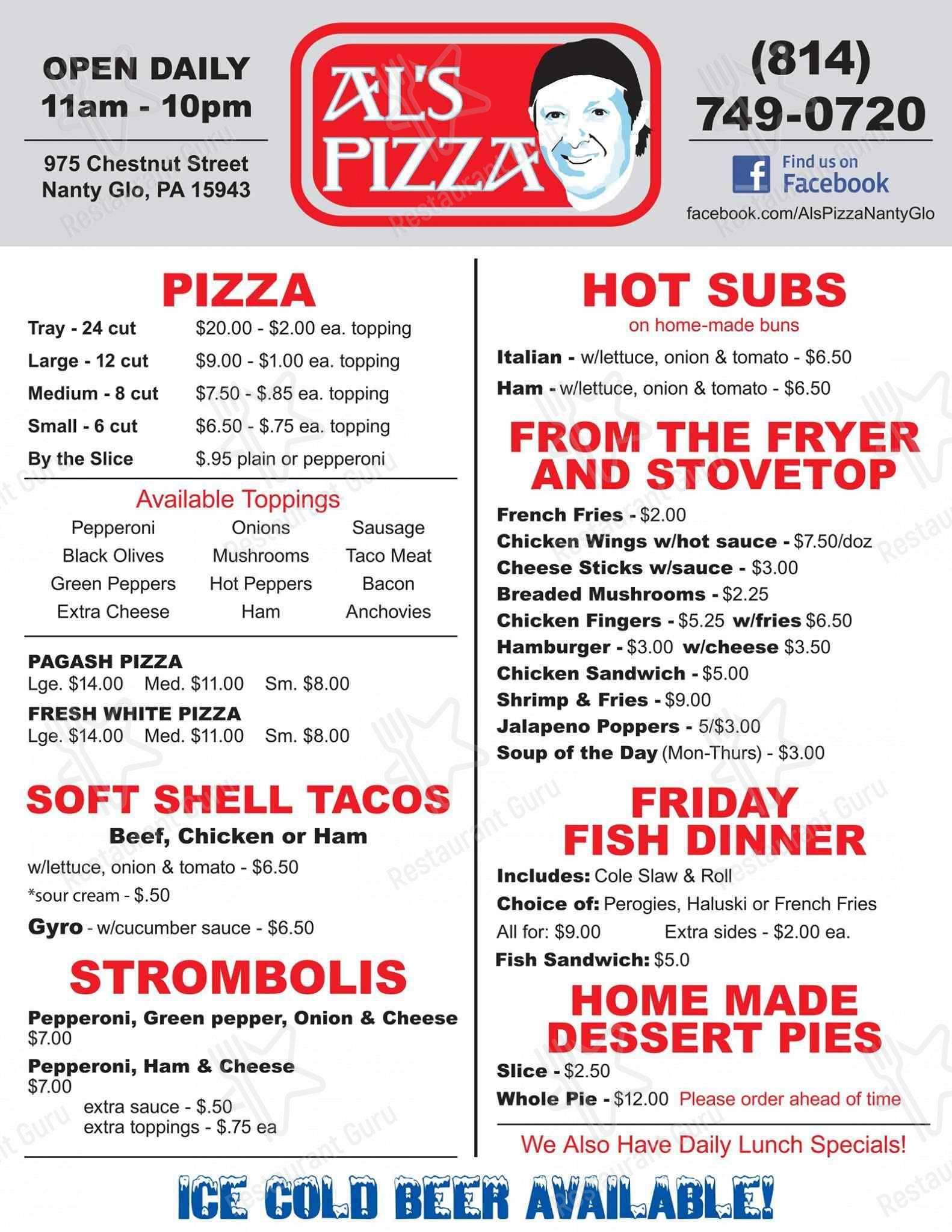 Menu at Al's Pizza pizzeria, NantyGlo