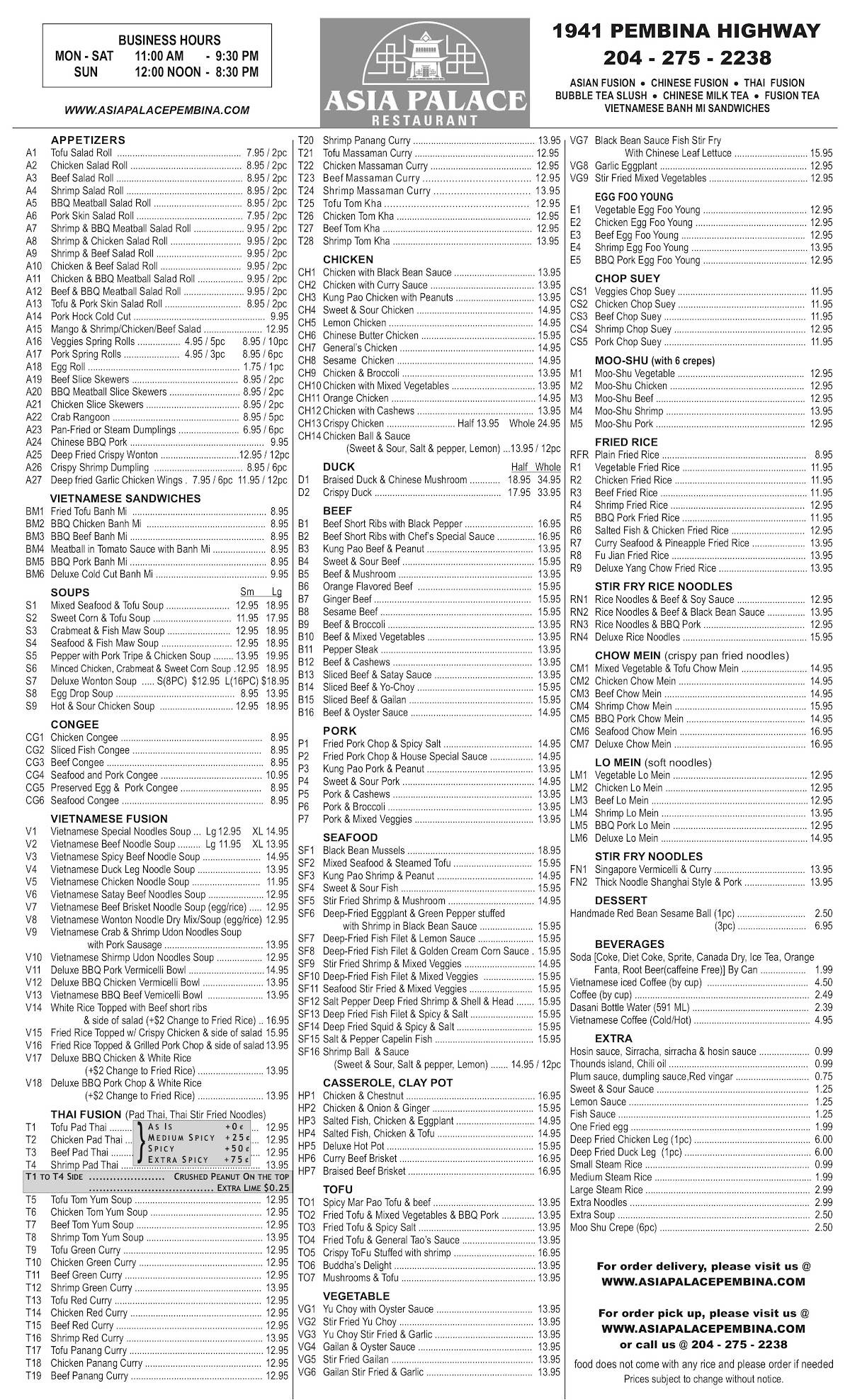 Menu at Asia Palace restaurant, Winnipeg, Pembina Hwy