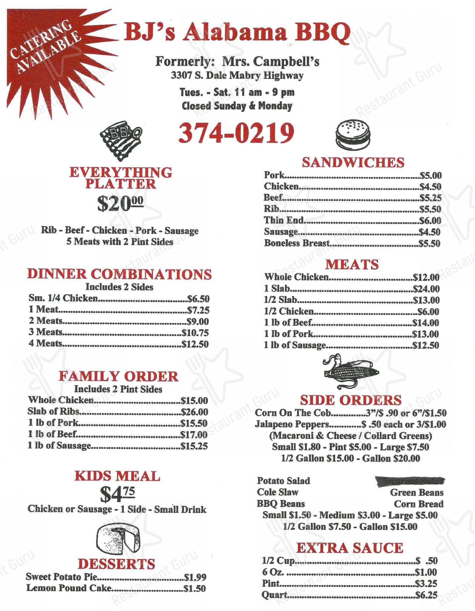 Menu at BJ’s Alabama BBQ!, Tampa