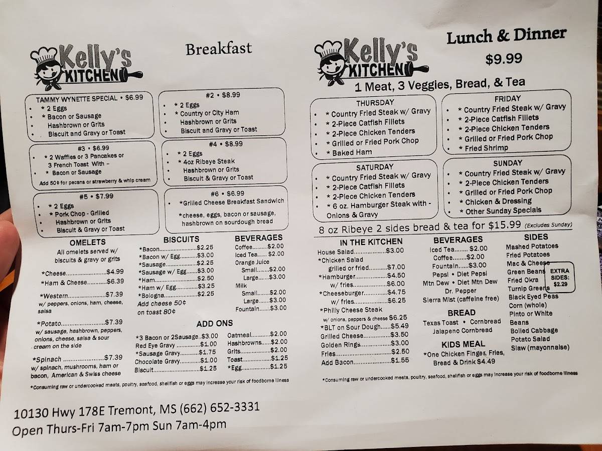 Menu at Kelly's Kitchen restaurant, Tremont