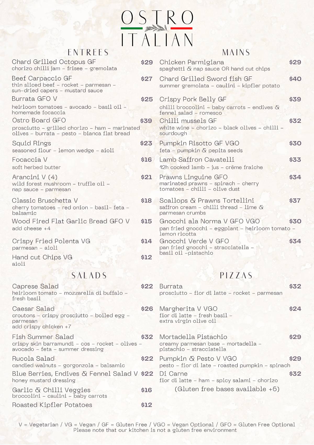 Menu at Ostro Italian restaurant, Fremantle