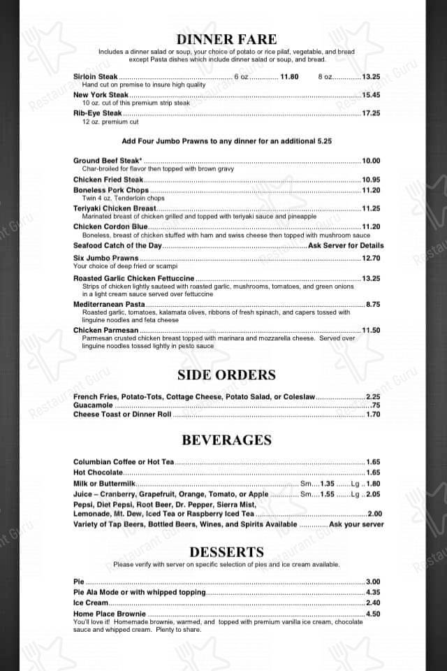 Menu at The Home Place Restaurant, Silverton