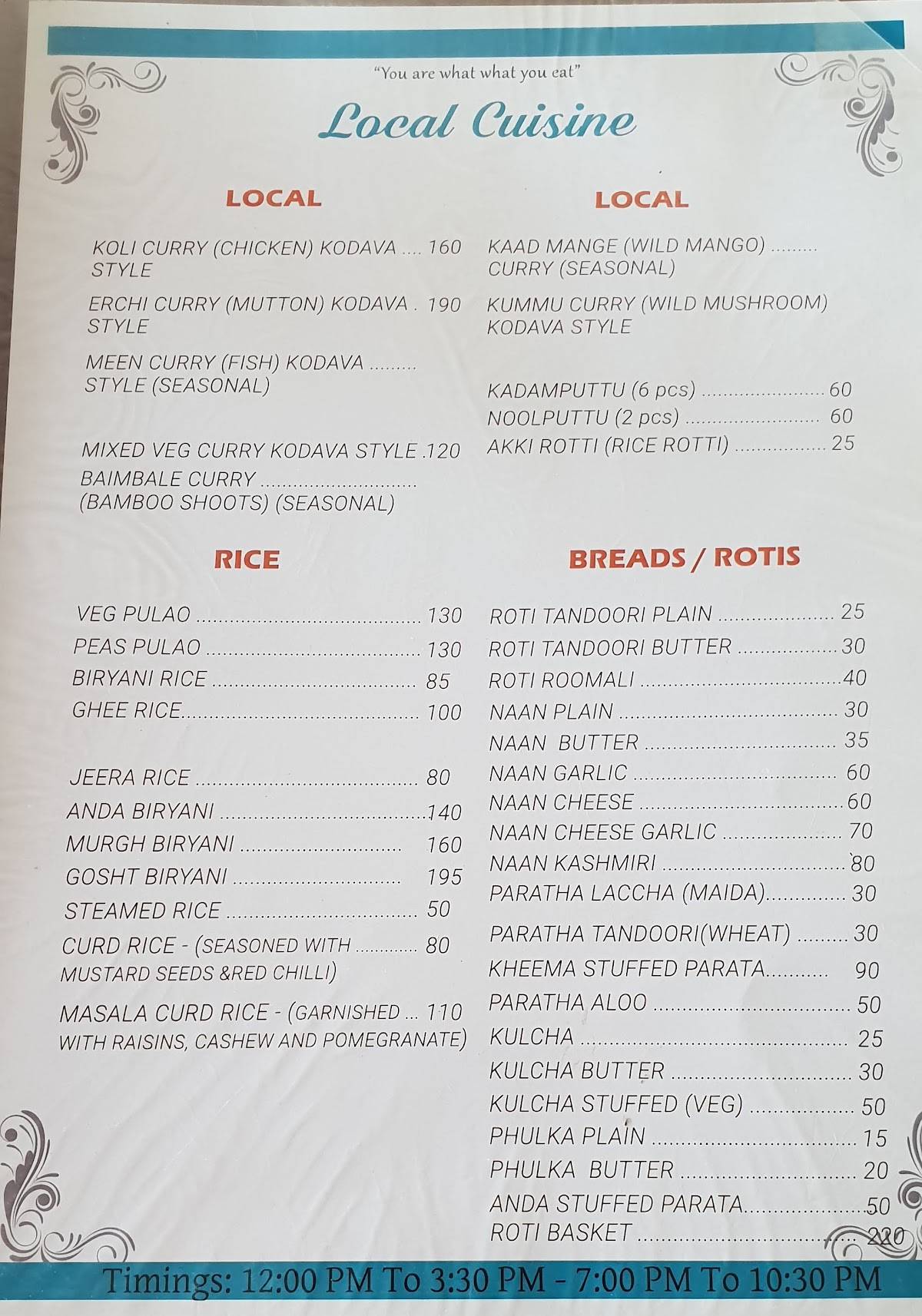 Menu at The Spice Rack, Gonikoppal