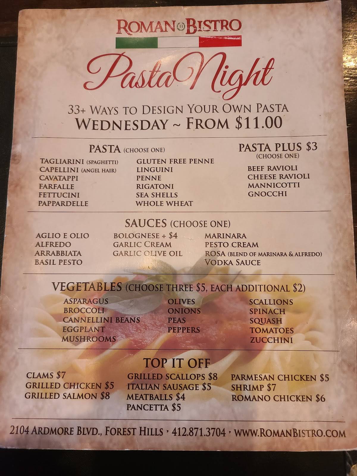 Menu at Roman Bistro pub & bar, Pittsburgh, Ardmore Blvd