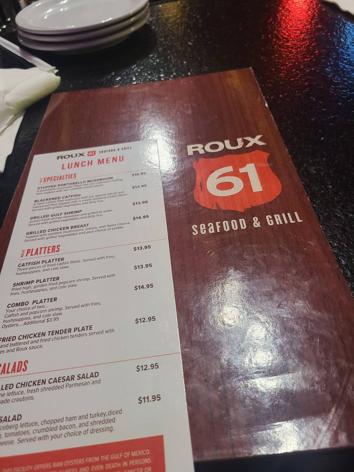 Menu at Roux 61 steakhouse, Natchez