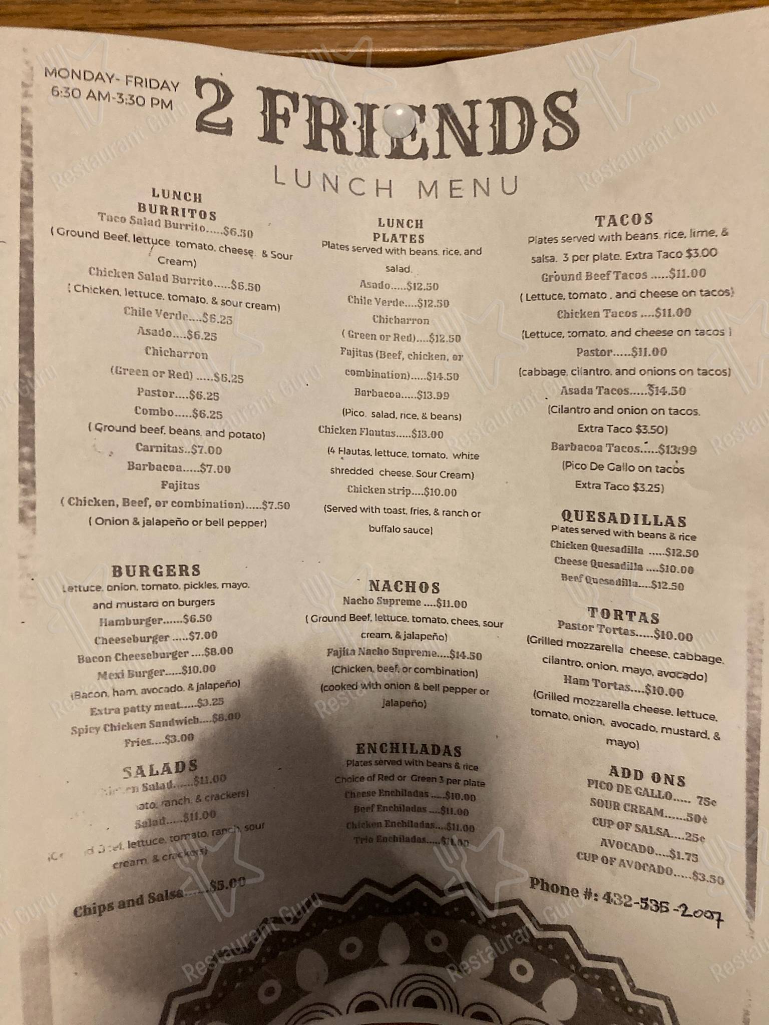 Menu at 2 Friends restaurant, Midkiff