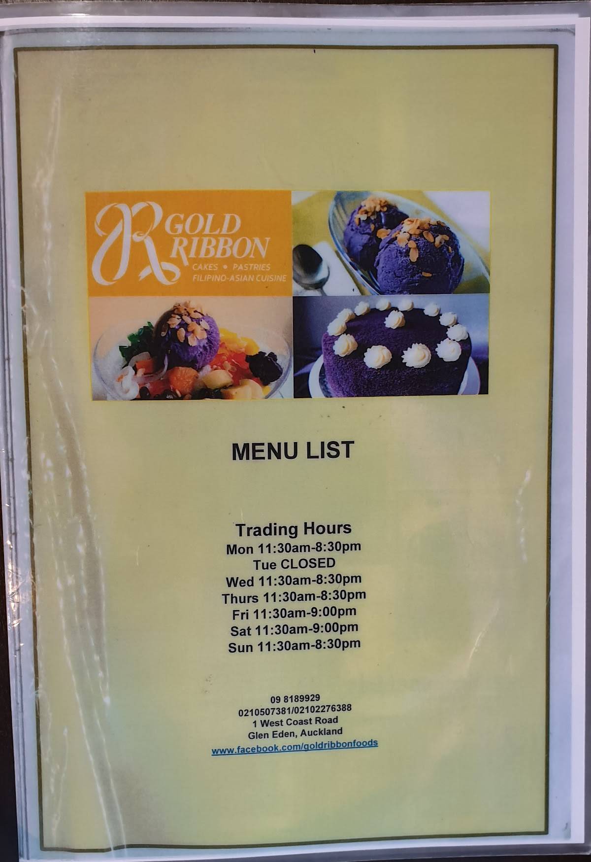 Menu at Gold Ribbon restaurant, Auckland