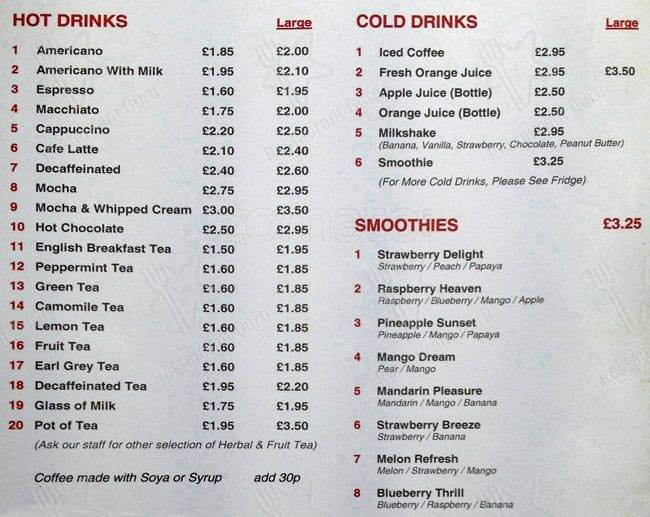 Menu at The Coffee Mill cafe, Teddington, 91 High St
