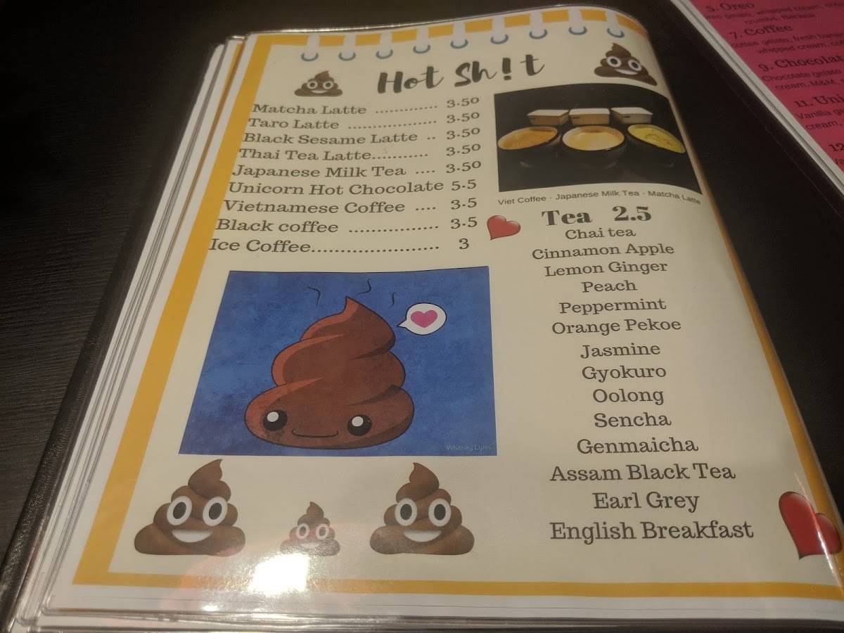 Menu at Poop Café, Toronto