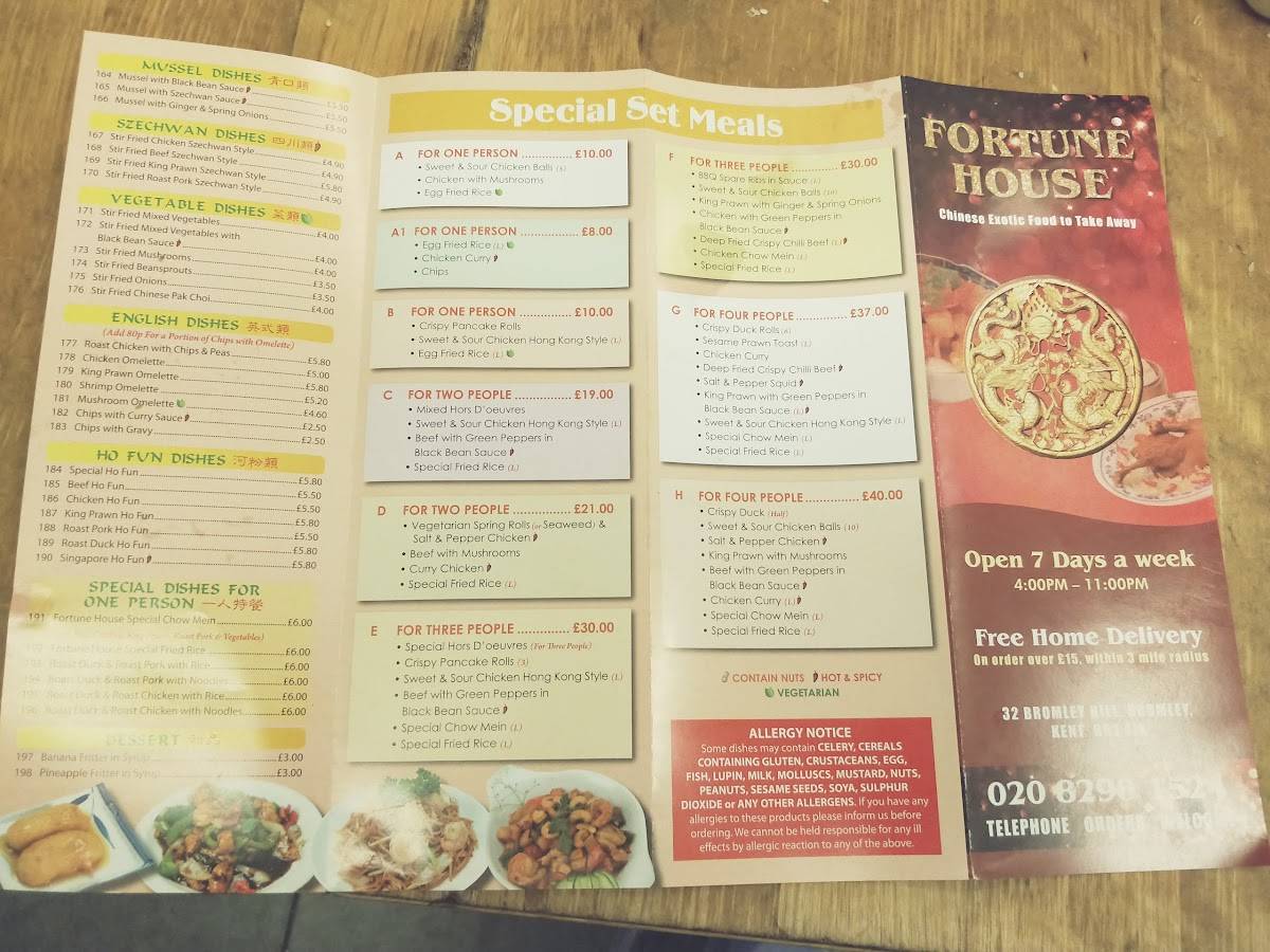 Menu at Fortune House fast food, Bromley, 32 Bromley Hill