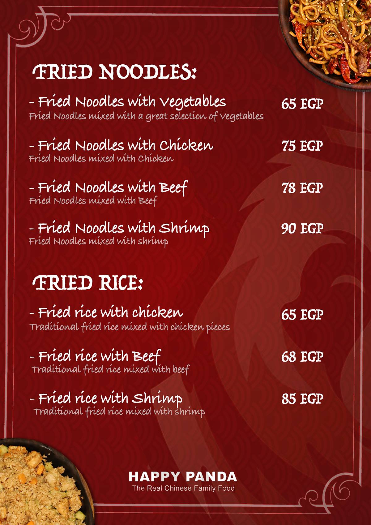 Menu at Happy panda restaurant, New Cairo City