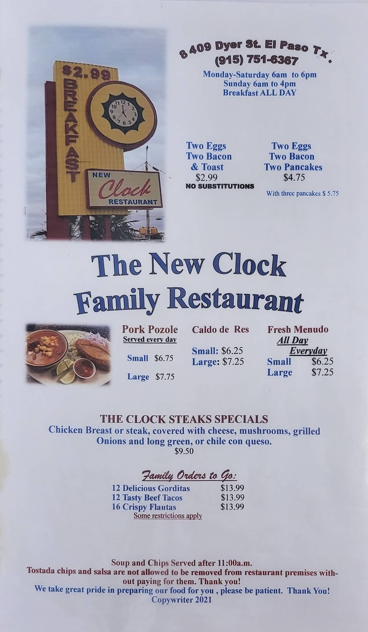 Menu at New Clock Restaurant, El Paso