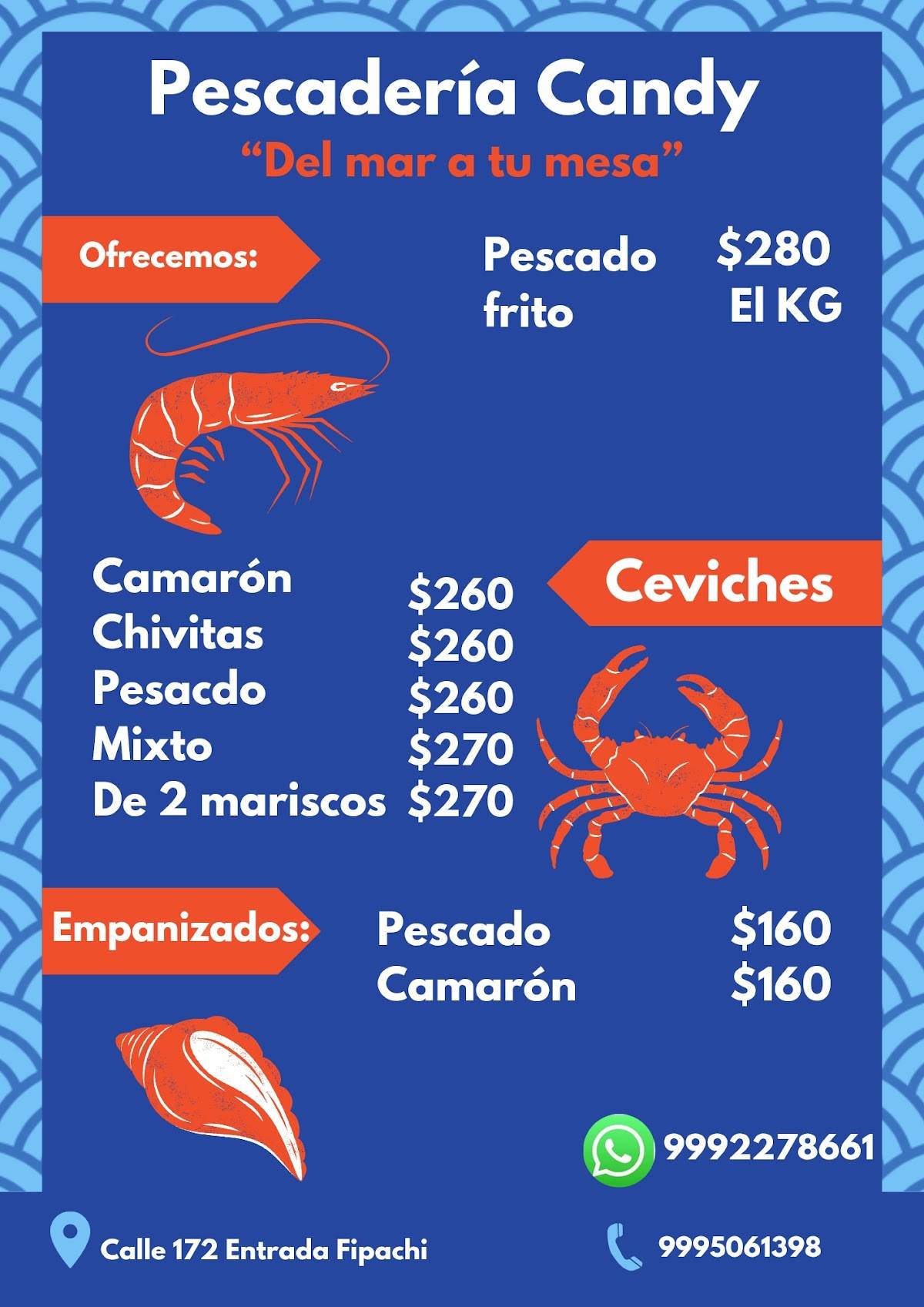 Menu at Pescadería Candy restaurant, Chuburná