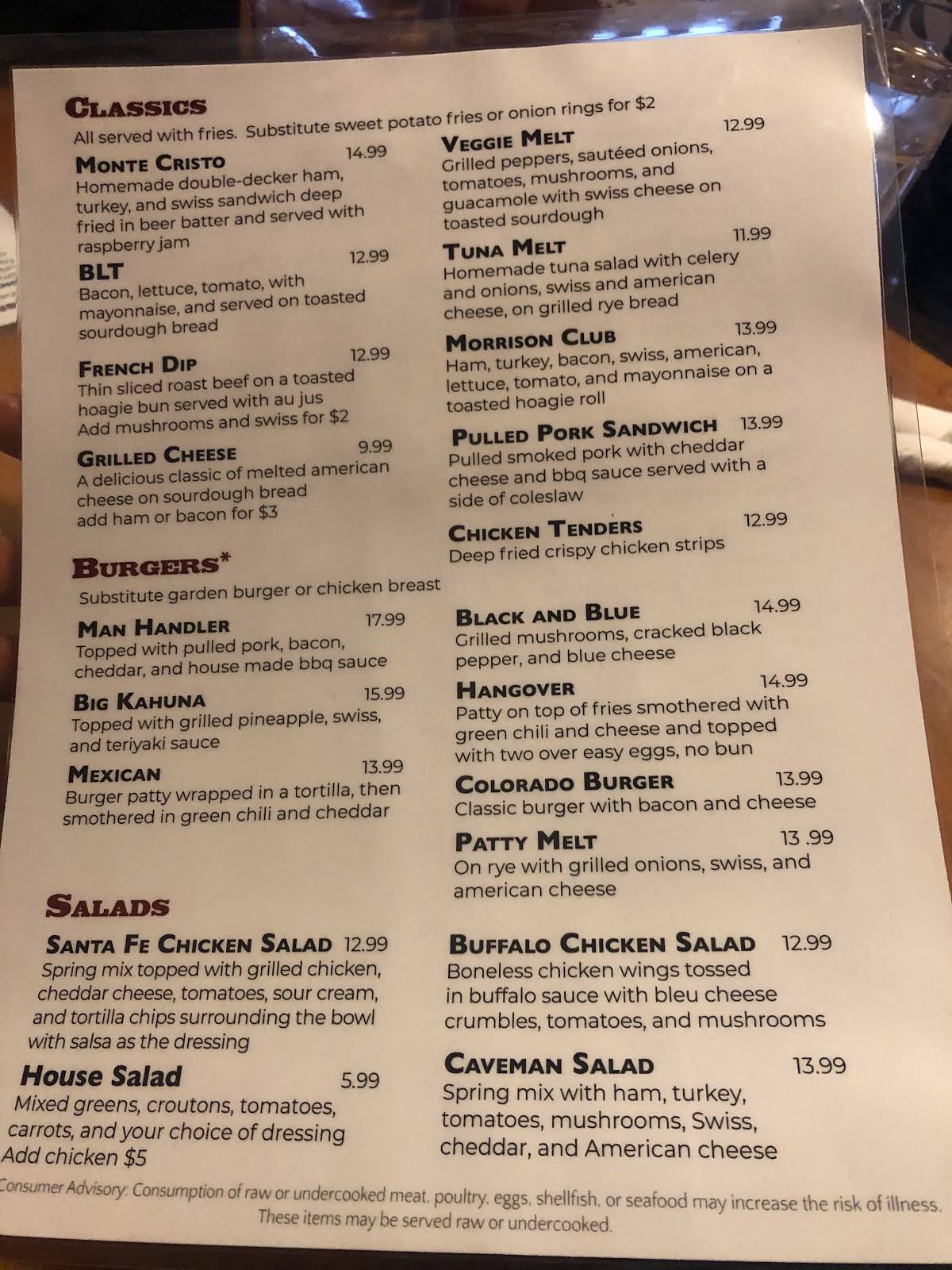 Menu at Red Rocks Grill pub & bar, Morrison