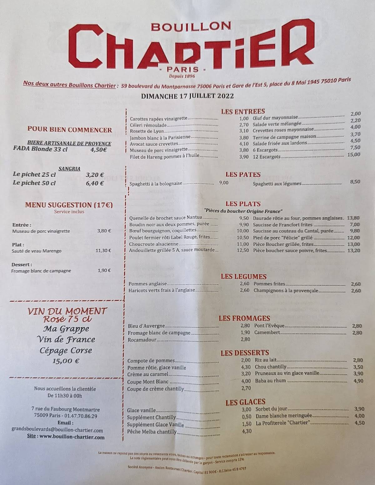Menu at Bouillon Chartier Grands Boulevards restaurant, Paris, 7 Rue du