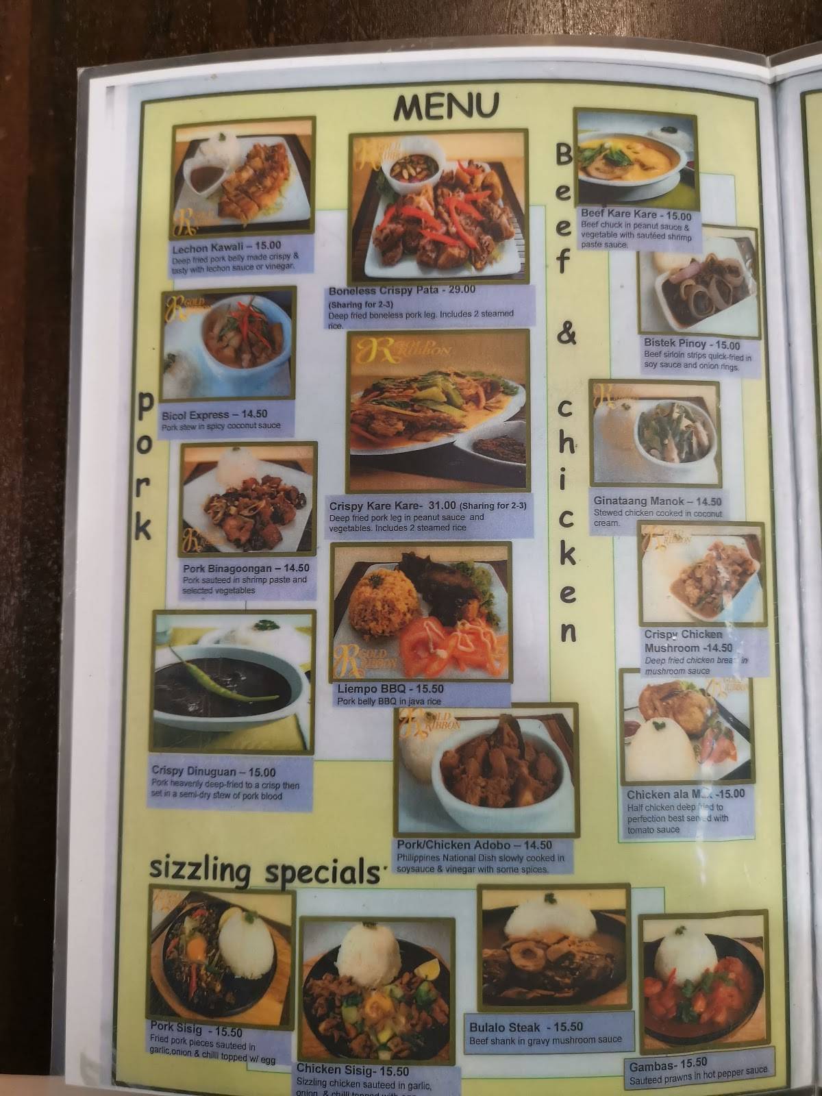Menu at Gold Ribbon restaurant, Auckland