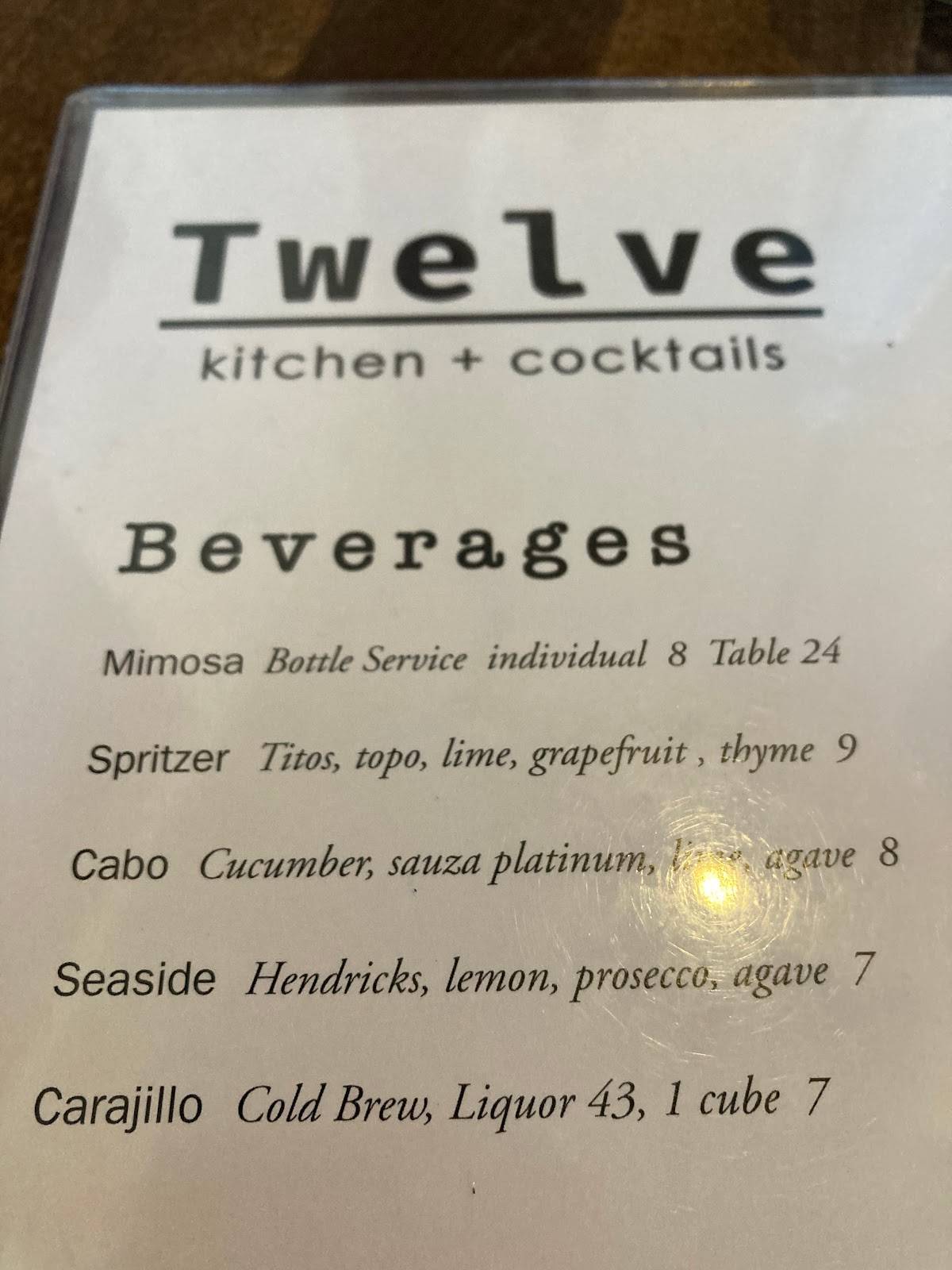 Menu at Twelve restaurant, Tyler