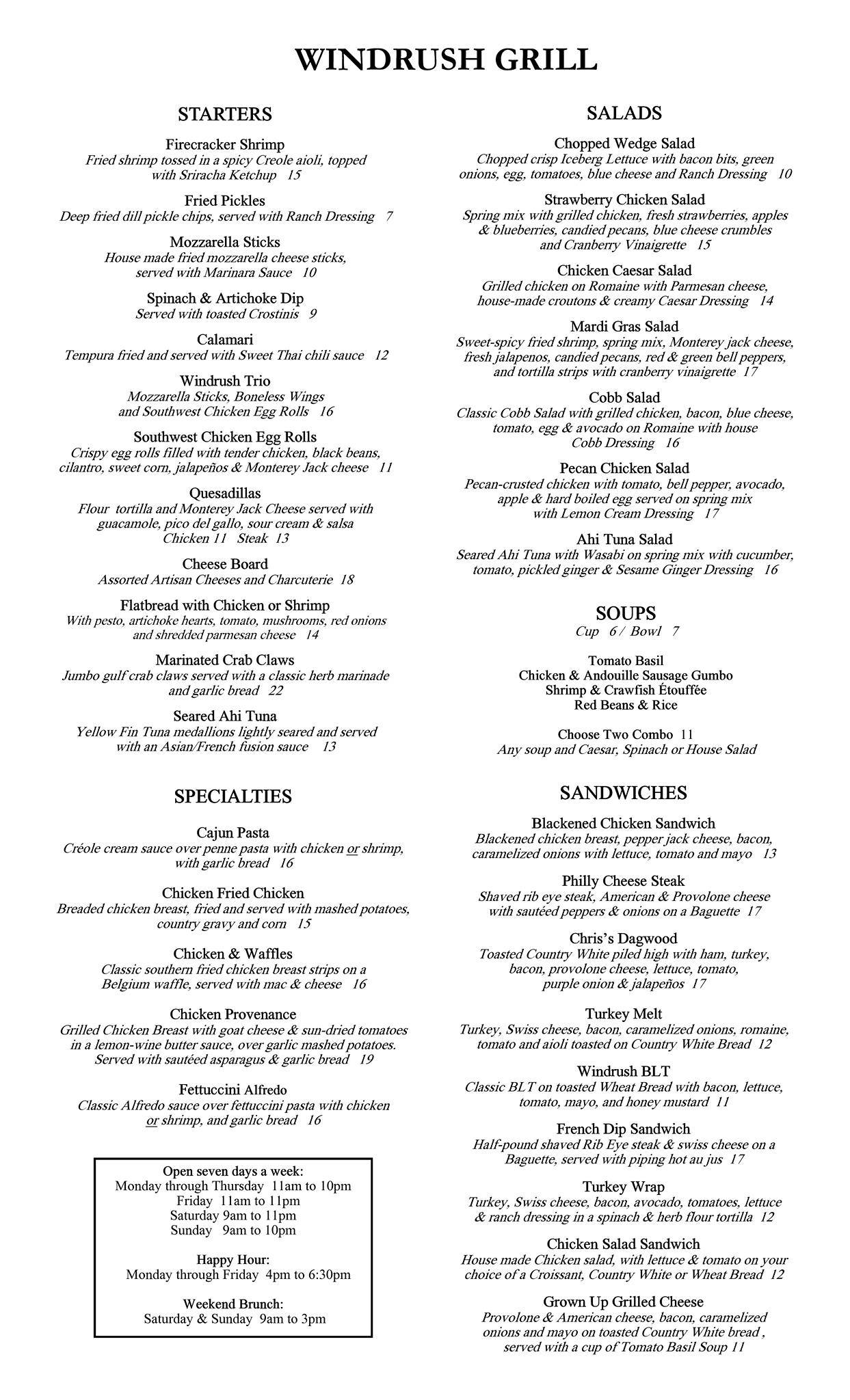 Menu at Windrush Grill restaurant, Shreveport