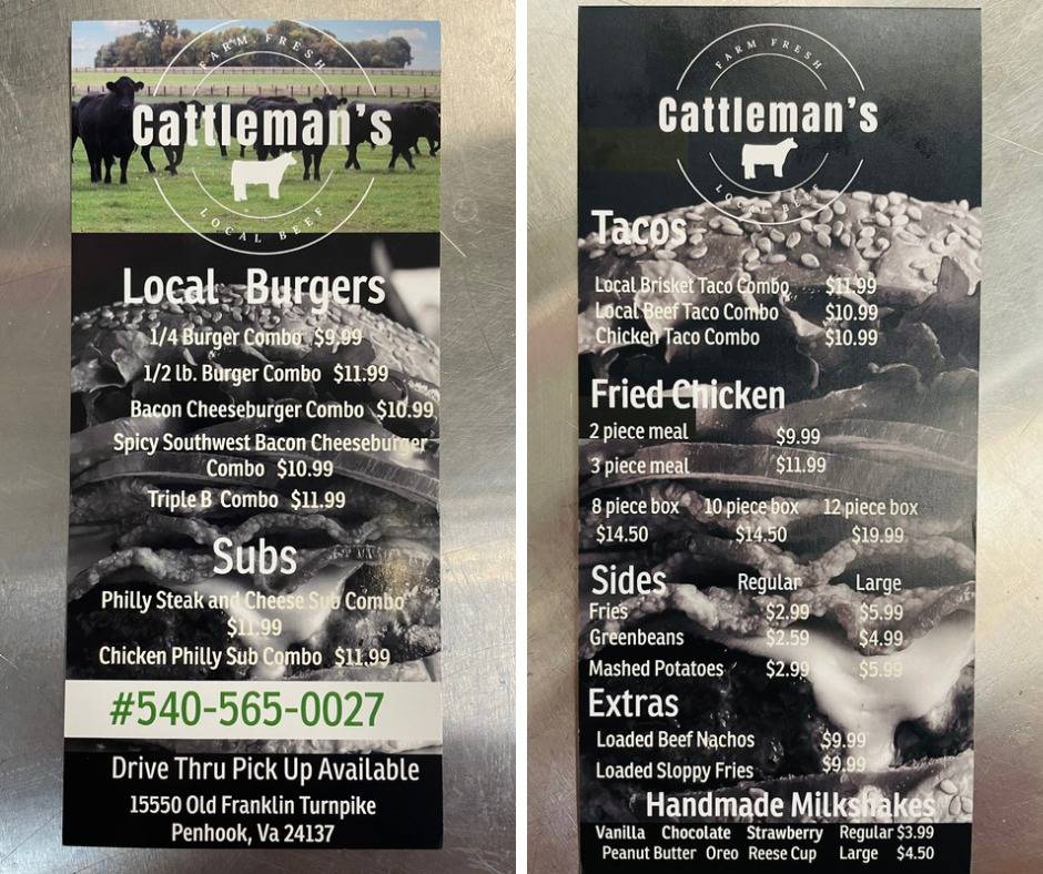 Menu at Cattleman's fast food, Penhook
