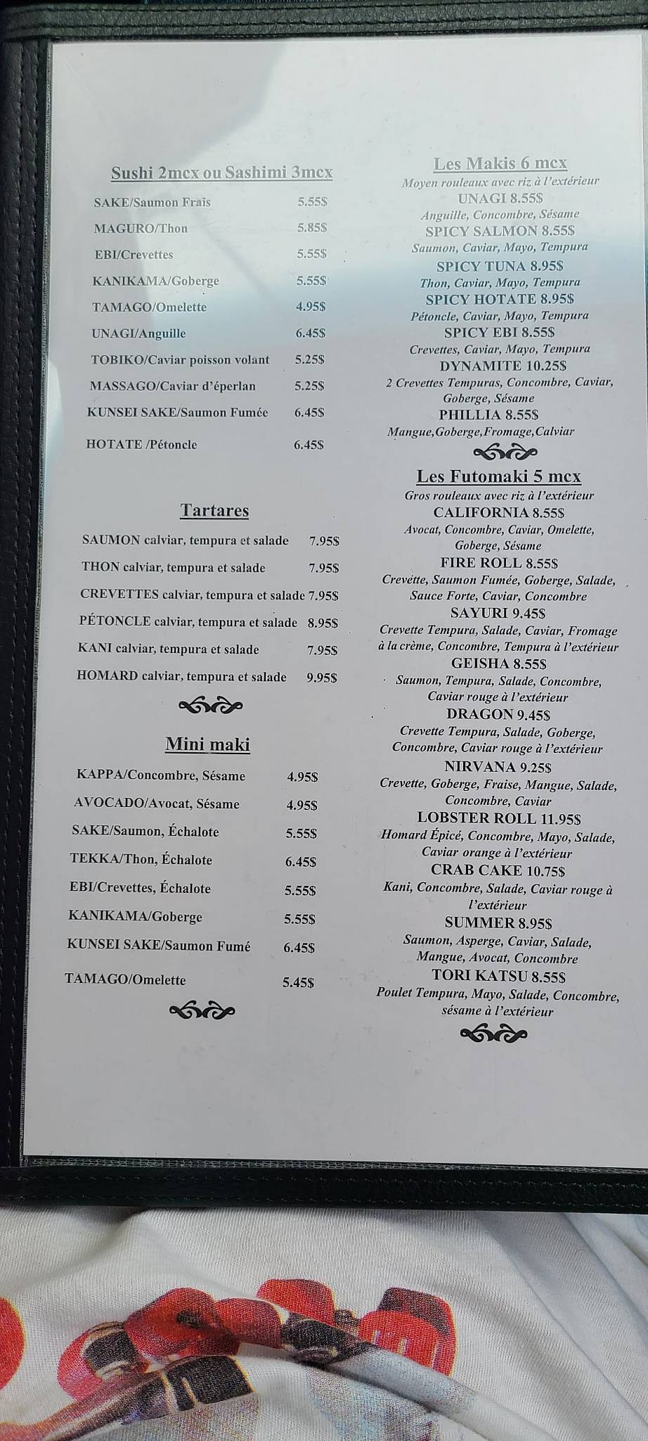 Menu au Chiyo restaurant, SalaberrydeValleyfield