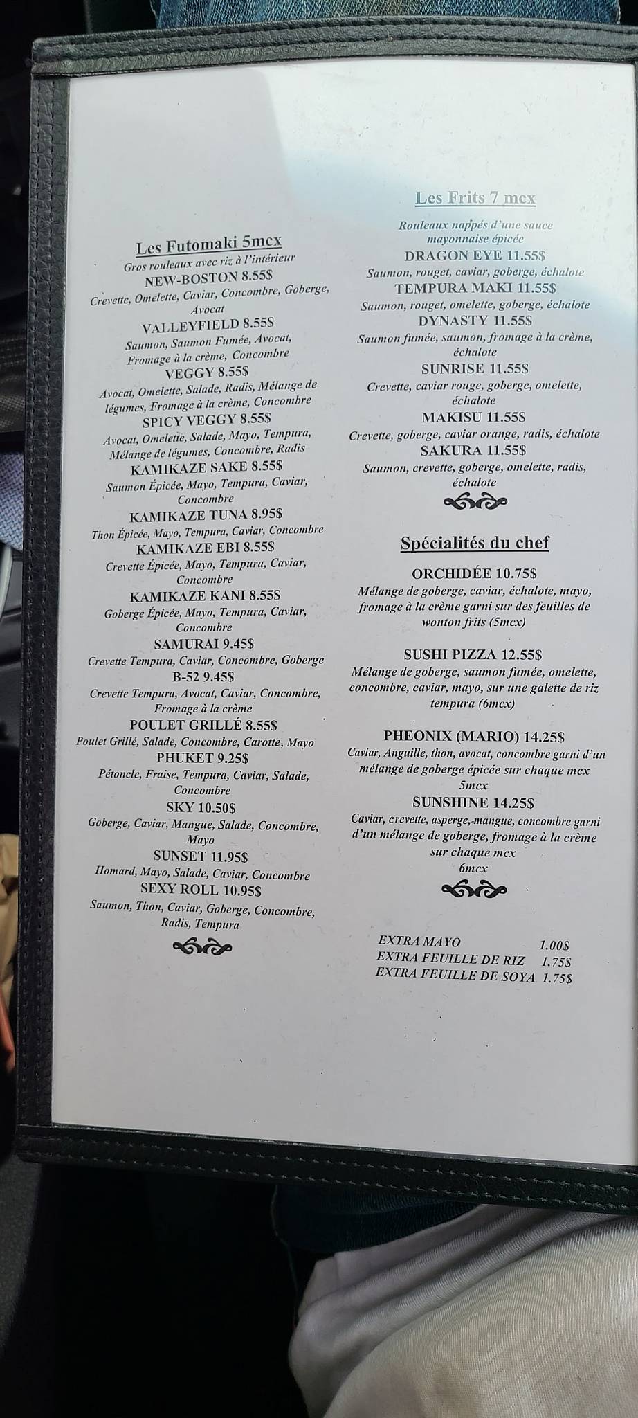 Menu au Chiyo restaurant, SalaberrydeValleyfield