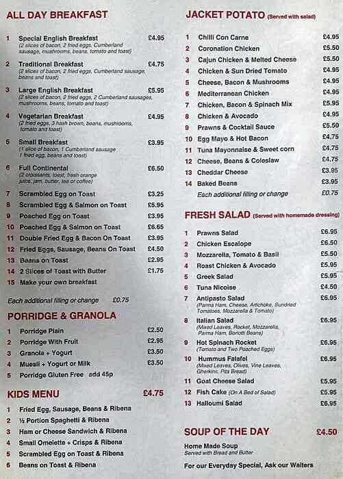 Menu at The Coffee Mill cafe, Teddington, 91 High St