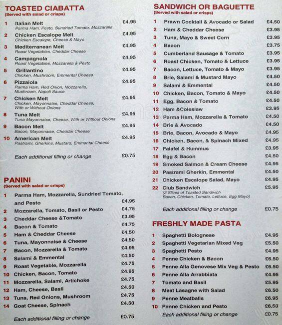 Menu at The Coffee Mill cafe, Teddington, 91 High St