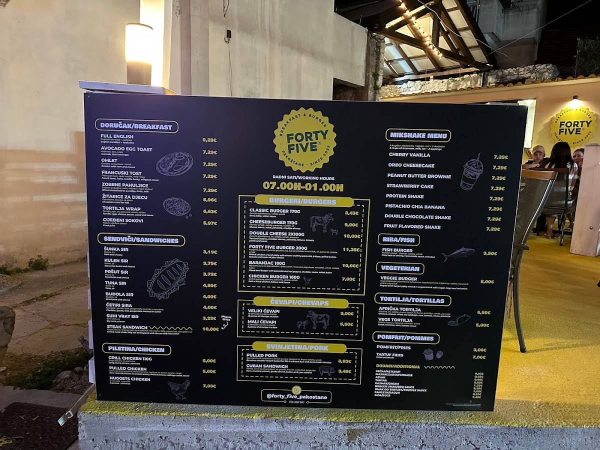 Menu at Forty Five restaurant, Pakoštane