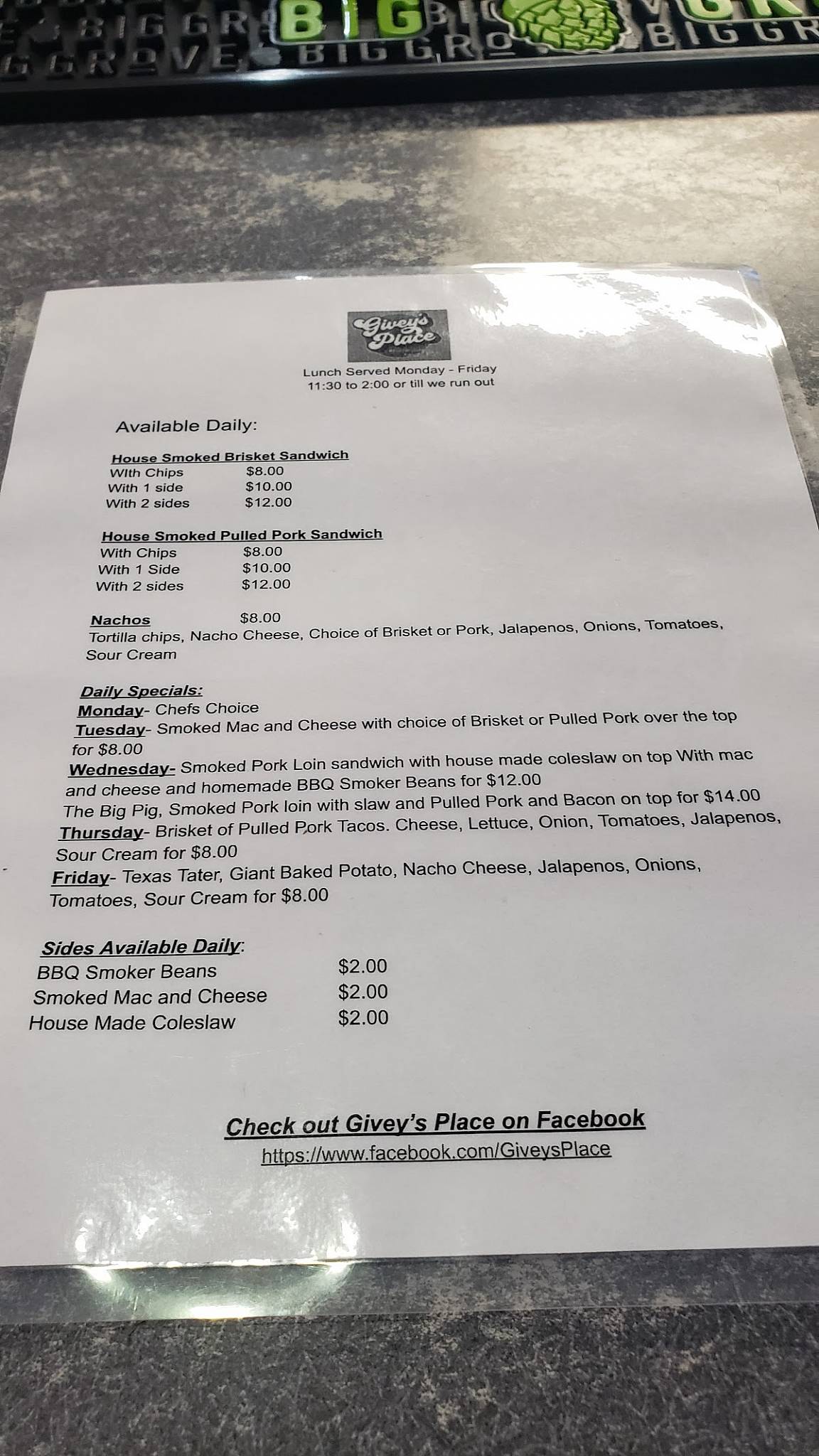 Menu at Givey's Place pub & bar,