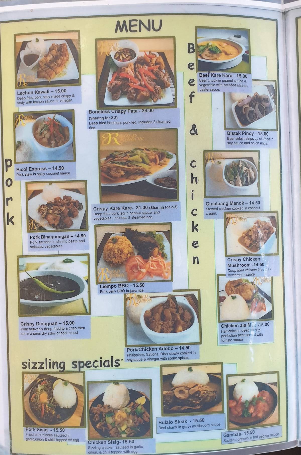 Menu at Gold Ribbon restaurant, Auckland