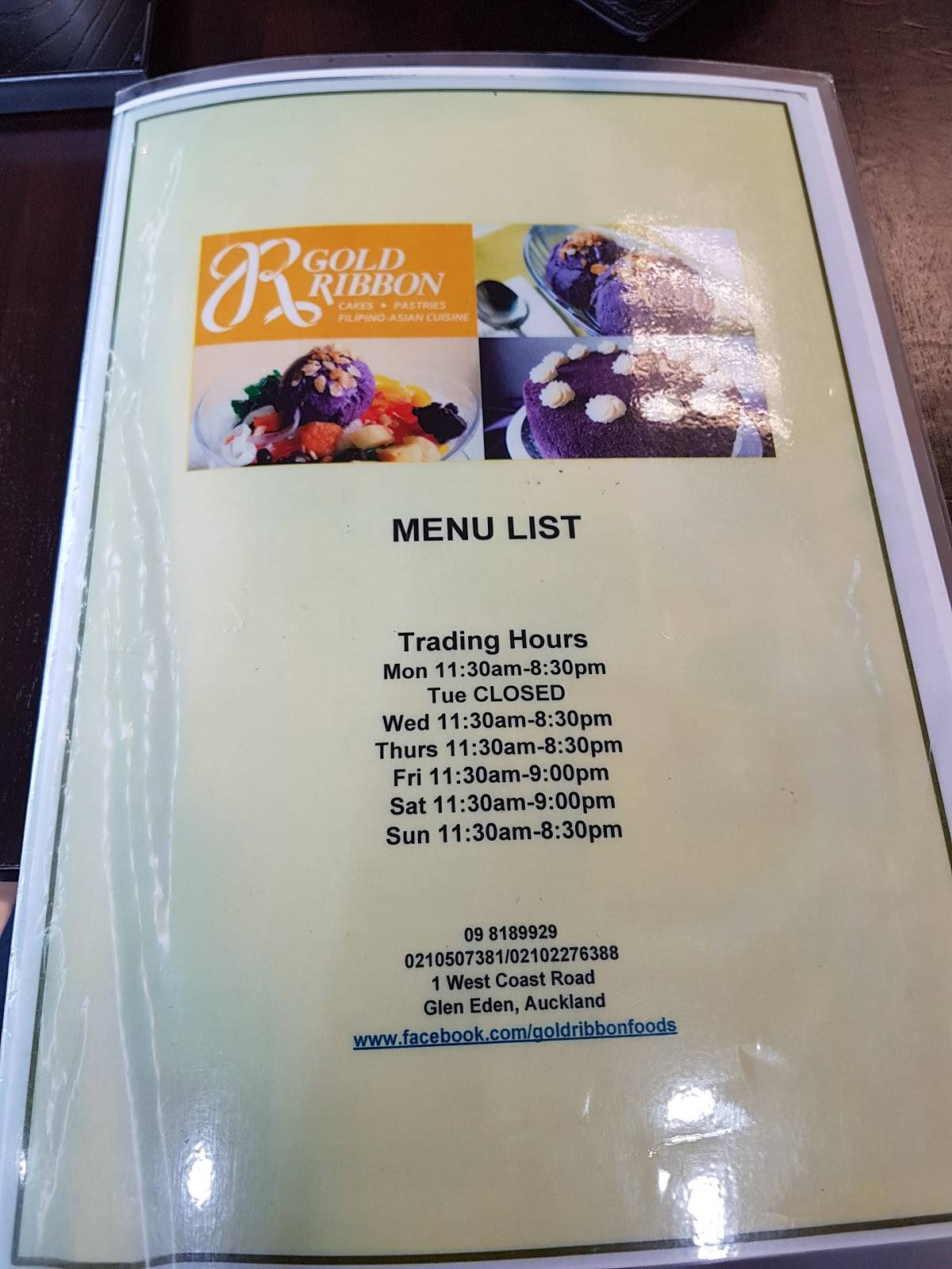 Menu at Gold Ribbon restaurant, Auckland