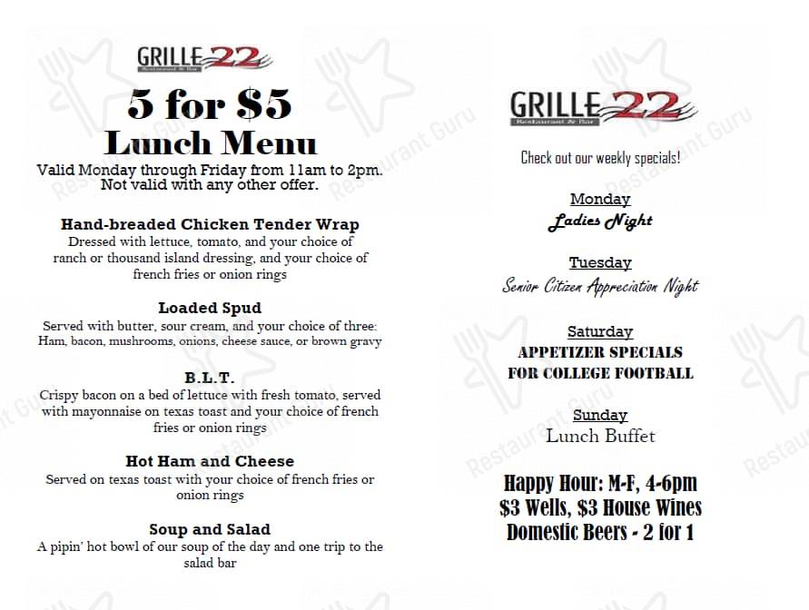 Menu at Grille 22 restaurant, Guin