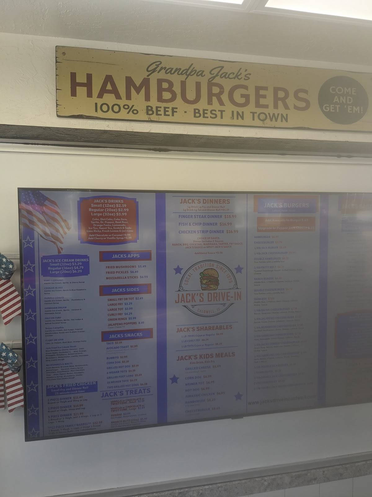 Menu at Jack's Drive In restaurant, Caldwell