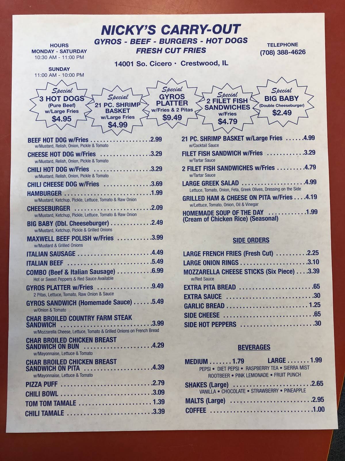 Menu at Nicky's Carryout fast food, Crestwood, S Cicero Ave