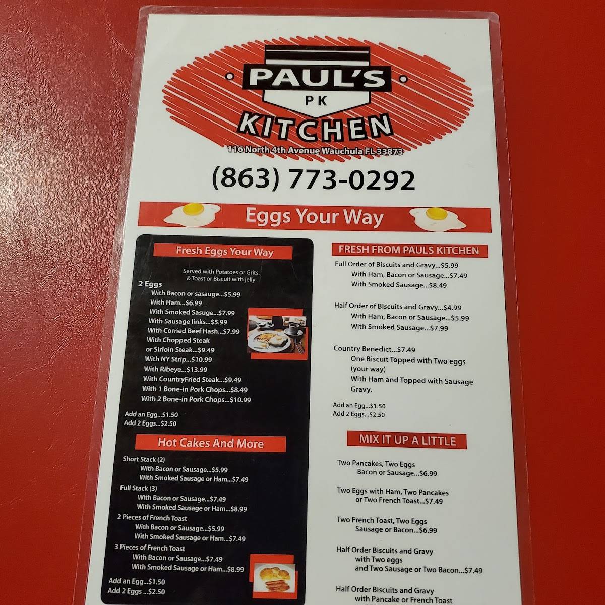 Menu at Paul's Kitchen restaurant, Wauchula