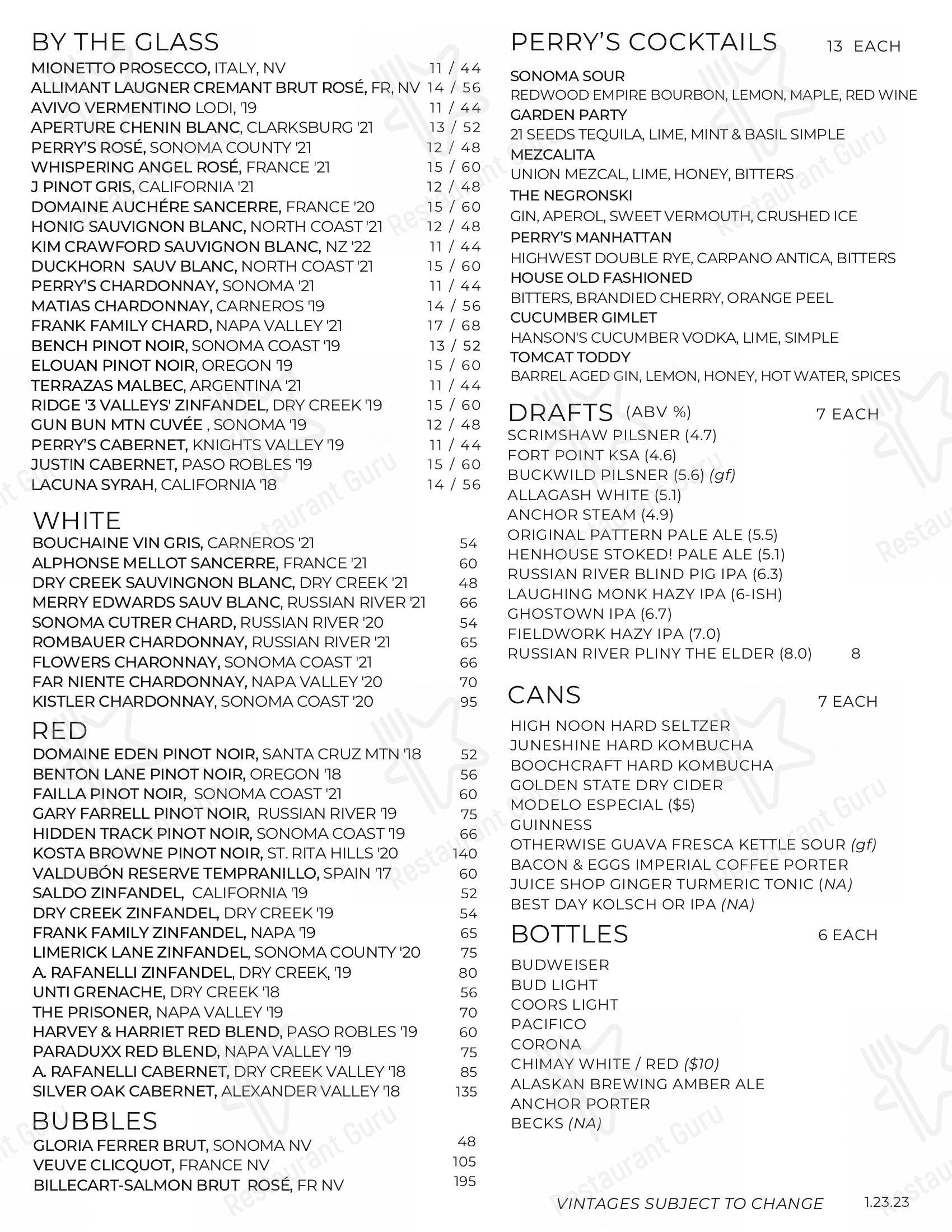 Menu at Perry's Novato restaurant, Novato