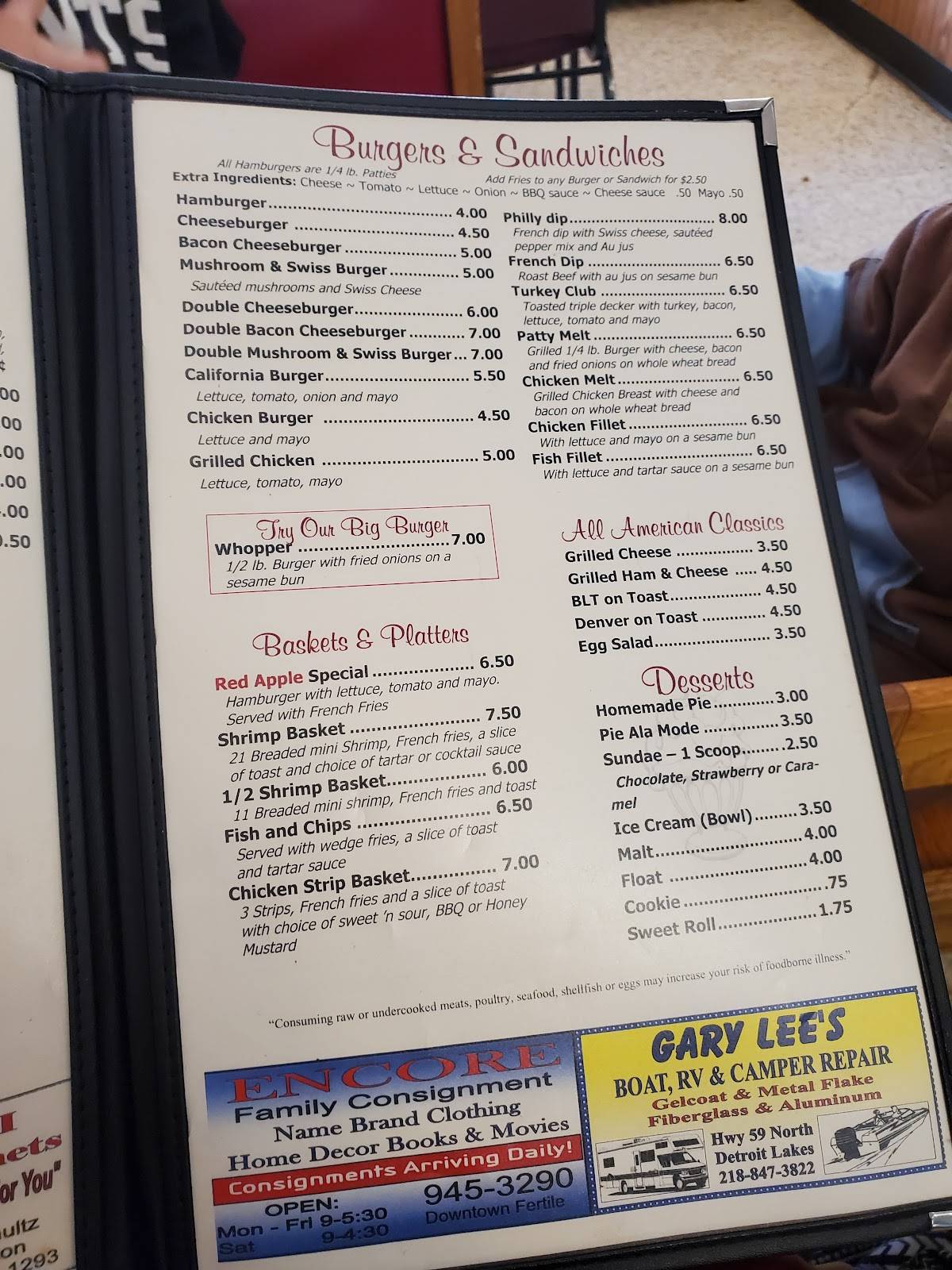 Menu at Red Apple Cafe, Mahnomen