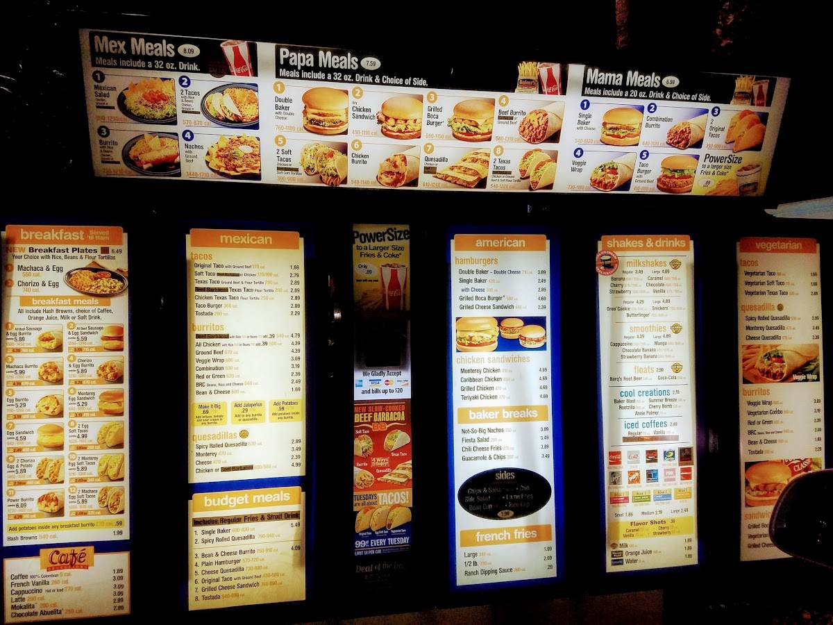 Carta del restaurante Baker's DriveThru, Riverside, Adams St