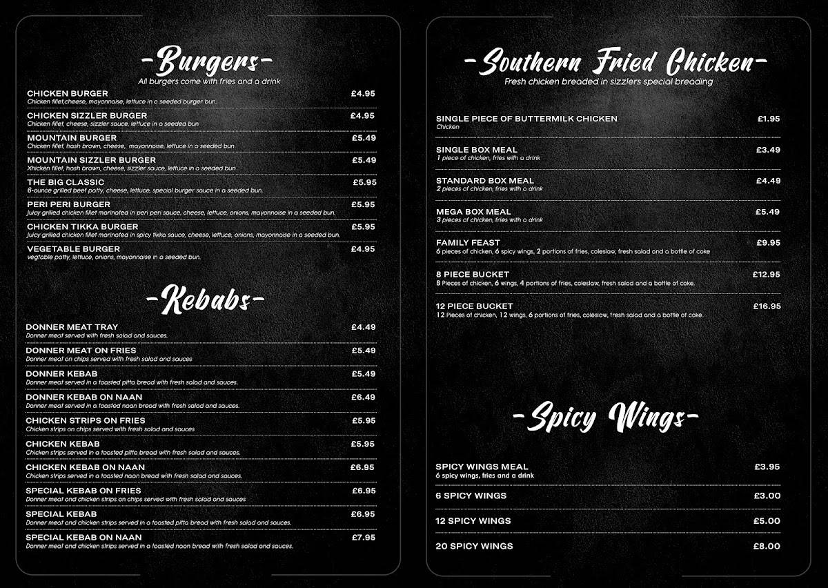 Menu at Sizzlers pizzeria, Wakefield, 89 Jacob's Well Ln