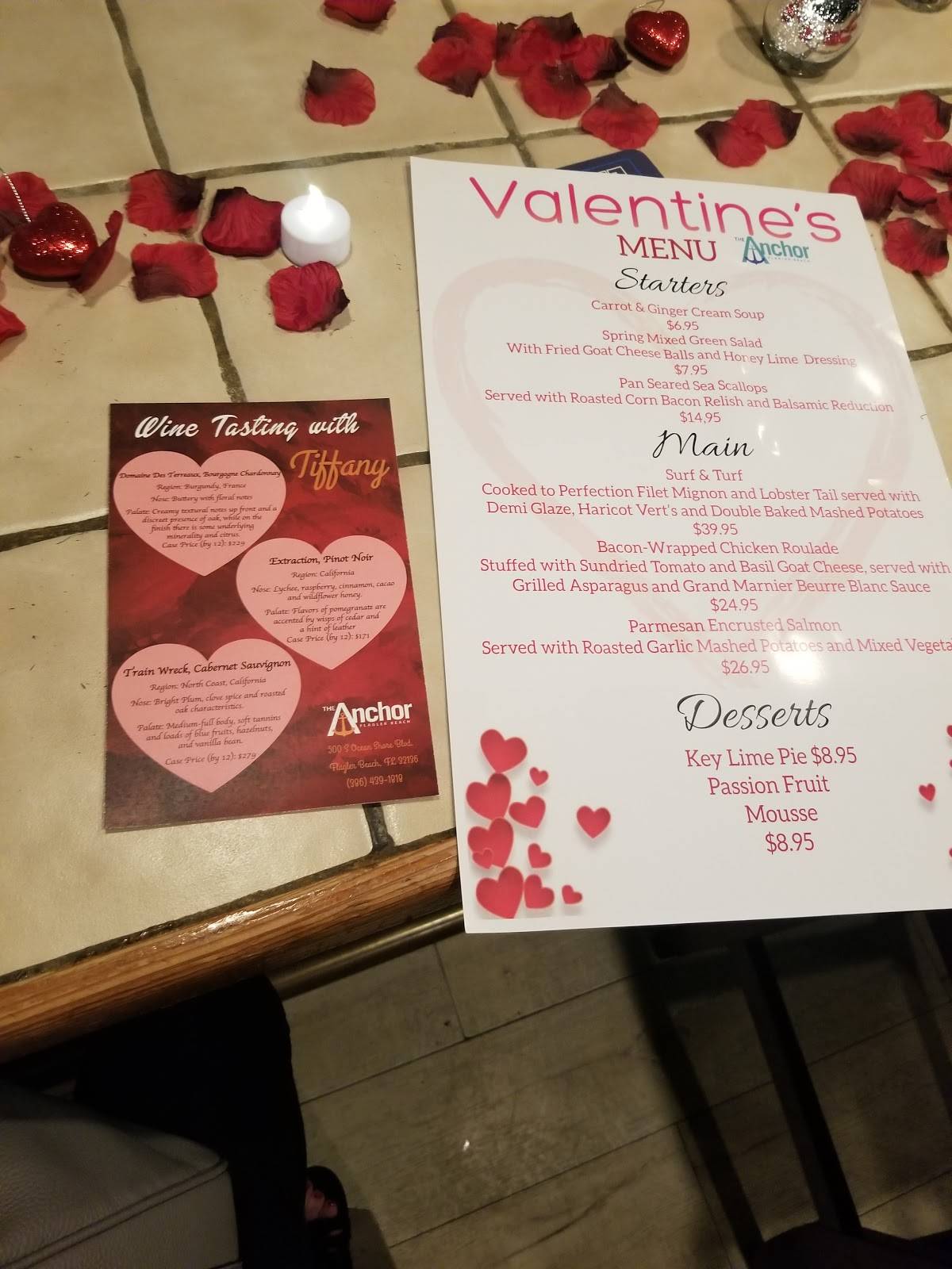 Menu at The Anchor restaurant, Flagler Beach