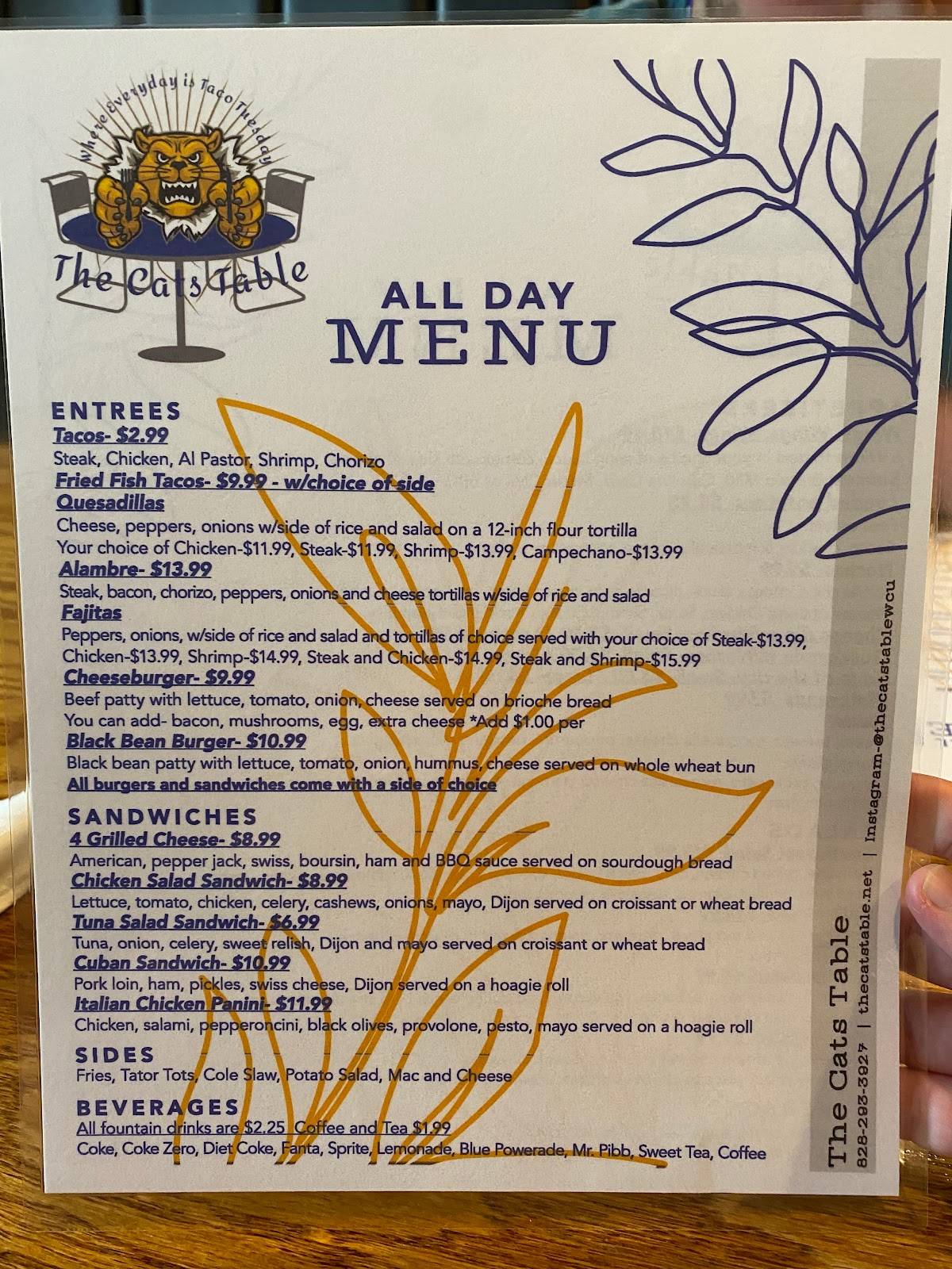 Menu at The Cat’s Table restaurant, Cullowhee