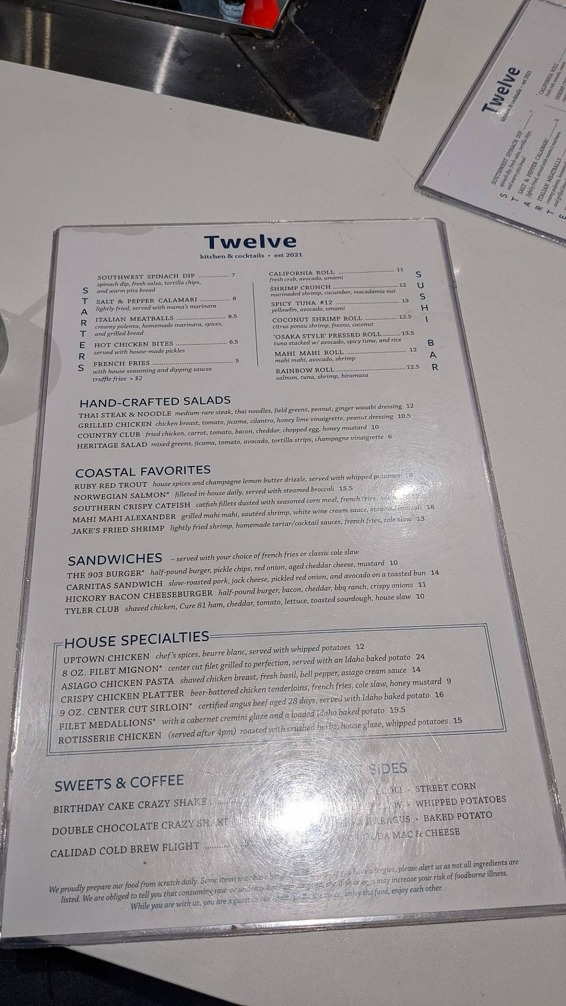 Menu at Twelve restaurant, Tyler
