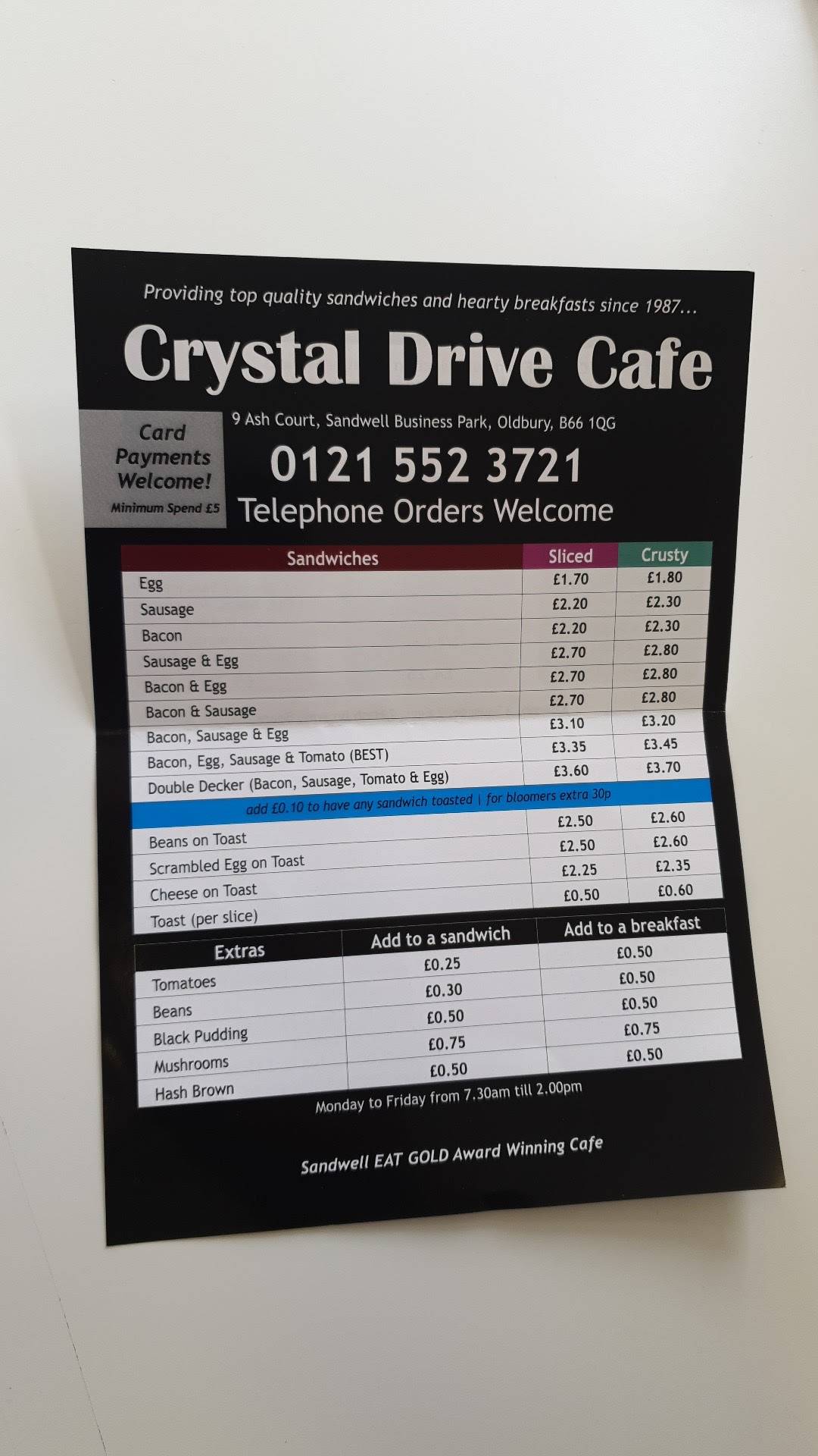 Menu at Crystal Drive Cafe, Smethwick