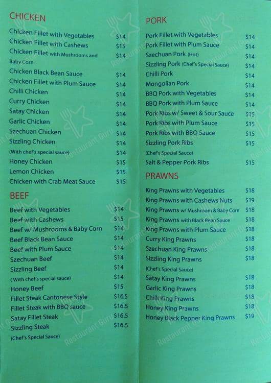 Menu at Chan's Tea House restaurant, Minto