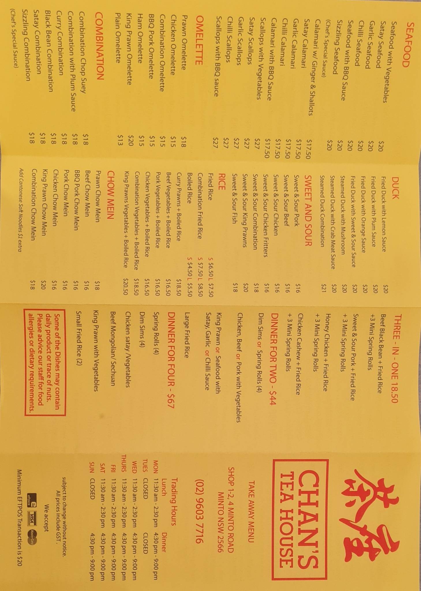 Menu at Chan's Tea House restaurant, Minto